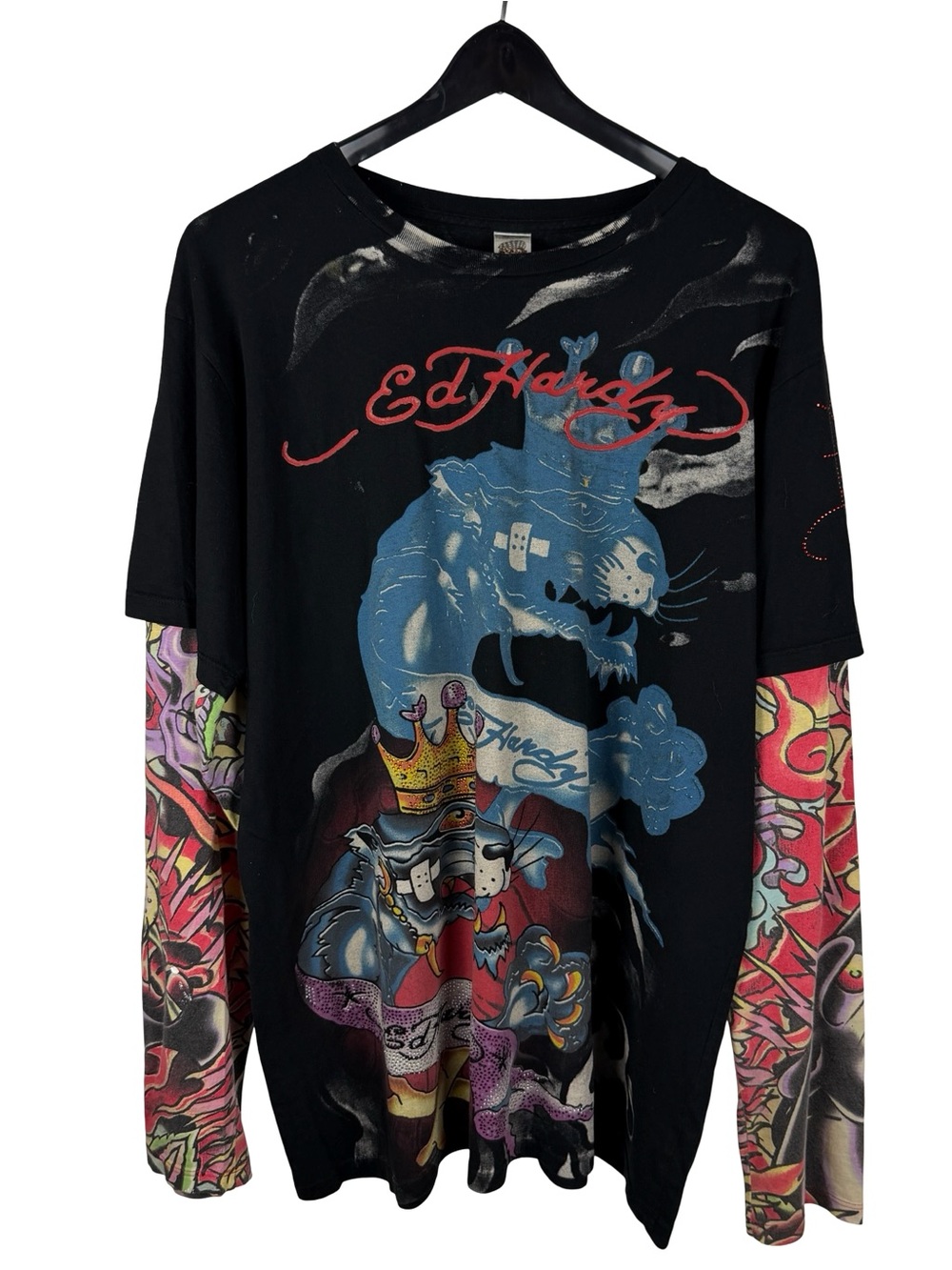 Vintage 2000s RARE Ed Hardy Double Layer Tattoo Punk Graphic Shirt Size L
